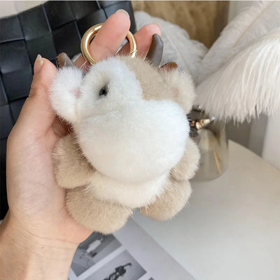 Cow Real Mink Fur Keychain Bag Charm – Plush Animal Pendant