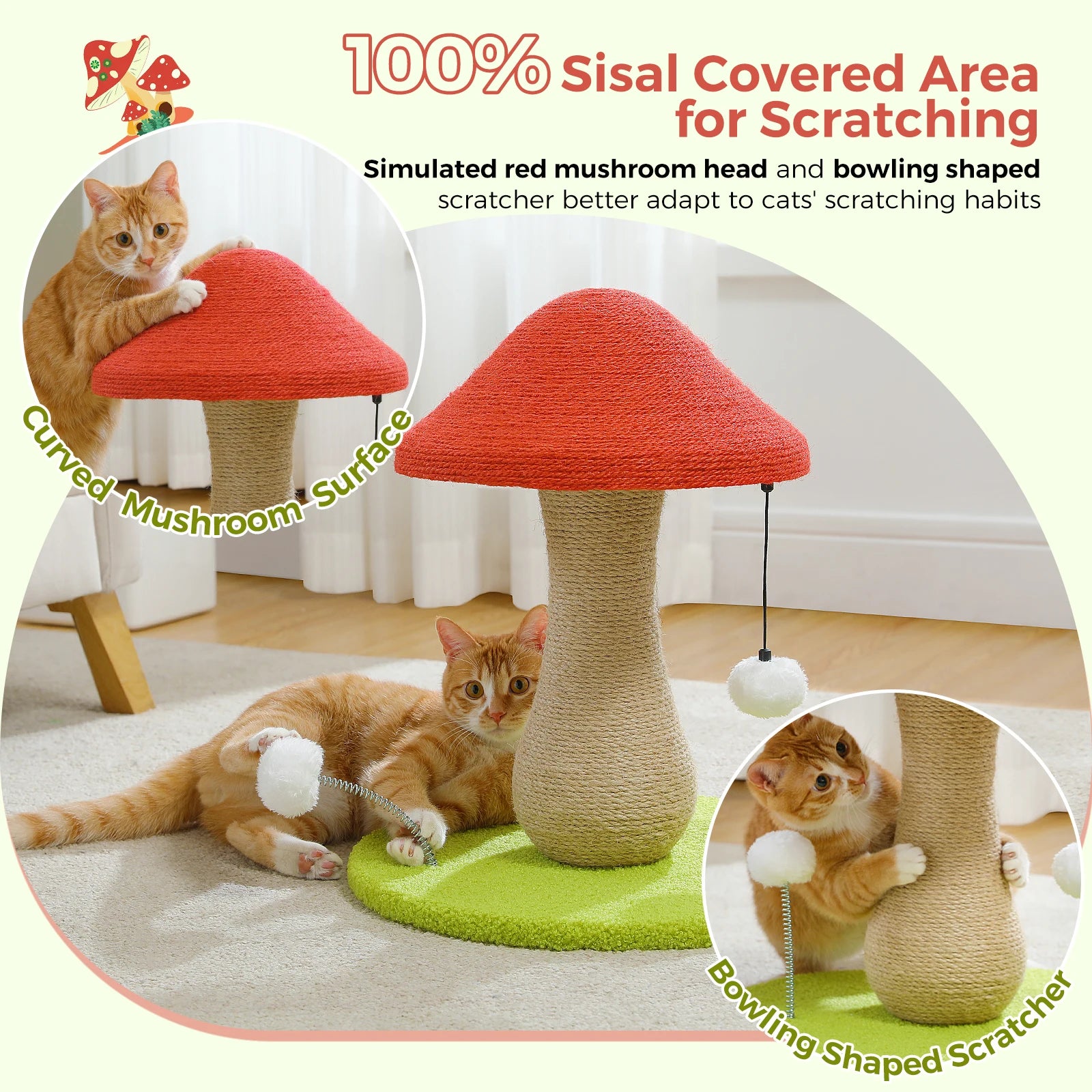 Mushroom Cat Scratching Post with Sisal Hemp Rope