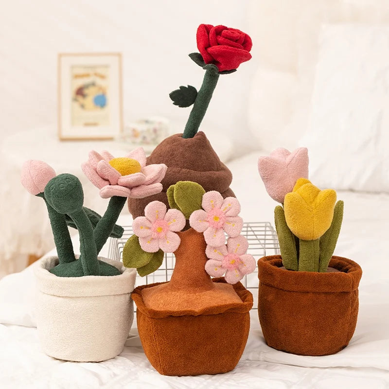 Kawaii Plush Flower Bouquet – Rose, Tulip, Peach Blossom & Lotus, 12" | 30 cm