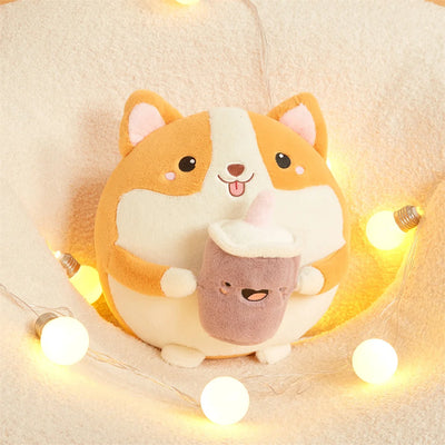 Corgi de peluche bebiendo té de burbujas, 12" | 30 centímetros