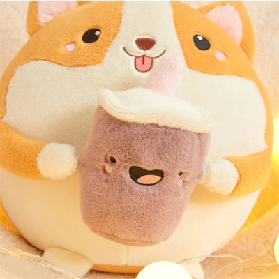 Corgi de peluche bebiendo té de burbujas, 12" | 30 centímetros