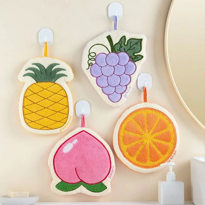 Cartoon Fruit Coral Fleece Hand Towel – Absorbent Hanging Kitchen Cloth