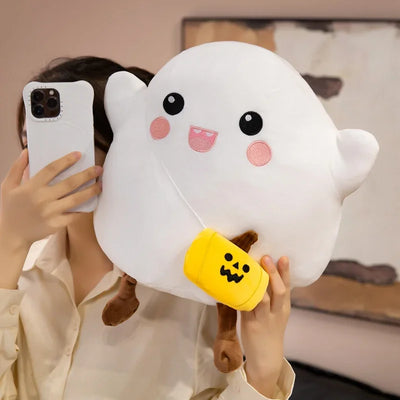 Halloween Ghost Pumpkin Plush Pillow - Soft Spooky Back Cushion, 13" | 32 cm