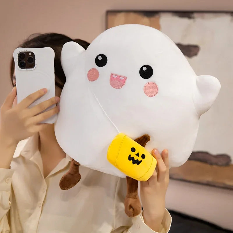 Halloween Ghost Pumpkin Plush Pillow - Soft Spooky Back Cushion, 13" | 32 cm