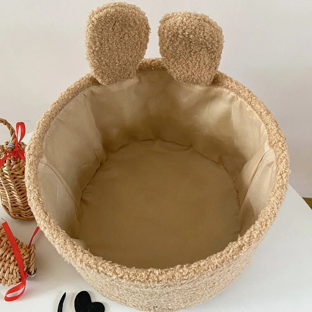 Rabbit Ears Plush Storage Basket | Cute Embroidered Toy Organizer