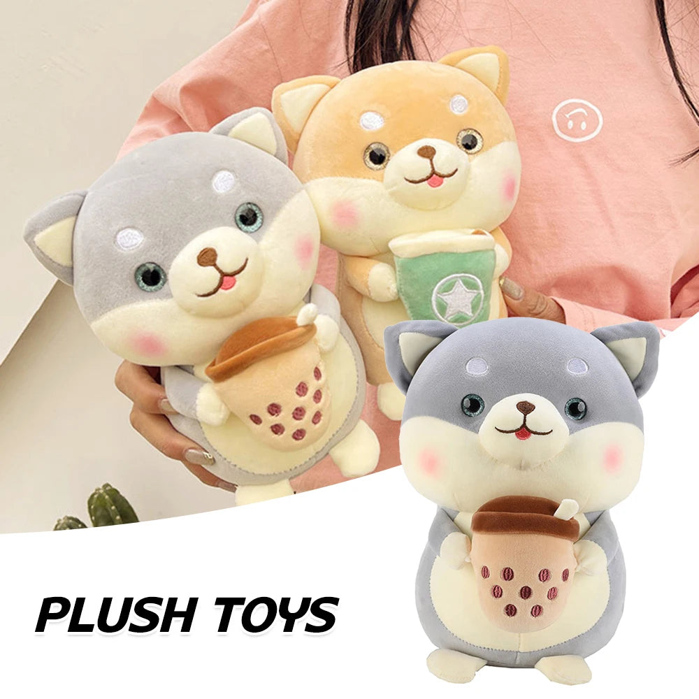 Plushie Shiba Inu buvant du bubble tea, 2 styles, 8" | 20 cm