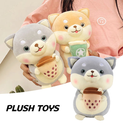Plushie Shiba Inu buvant du bubble tea, 2 styles, 8" | 20 cm