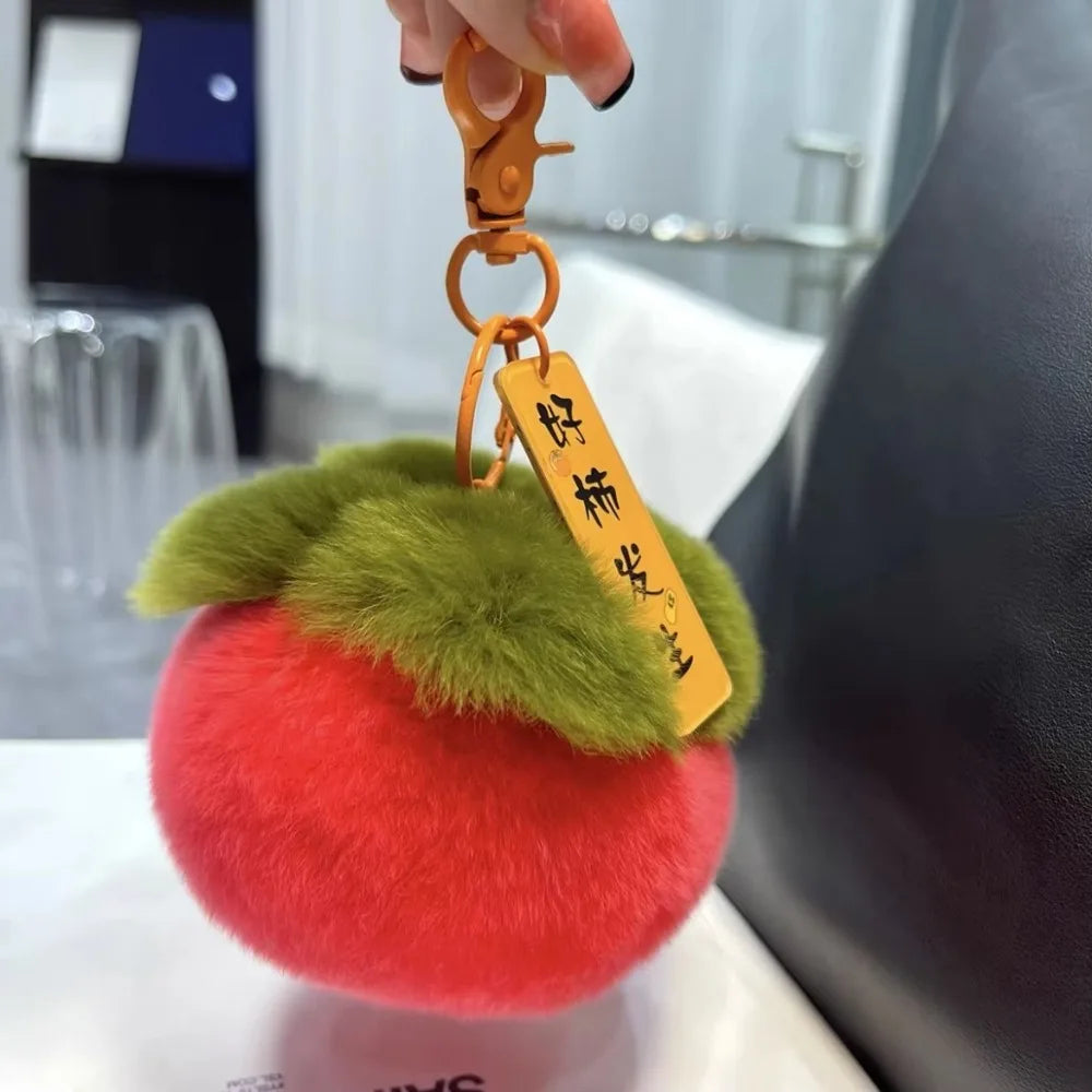 Mini Persimmon Rabbit Fur Keychain – Plush Soft Doll Key Ring