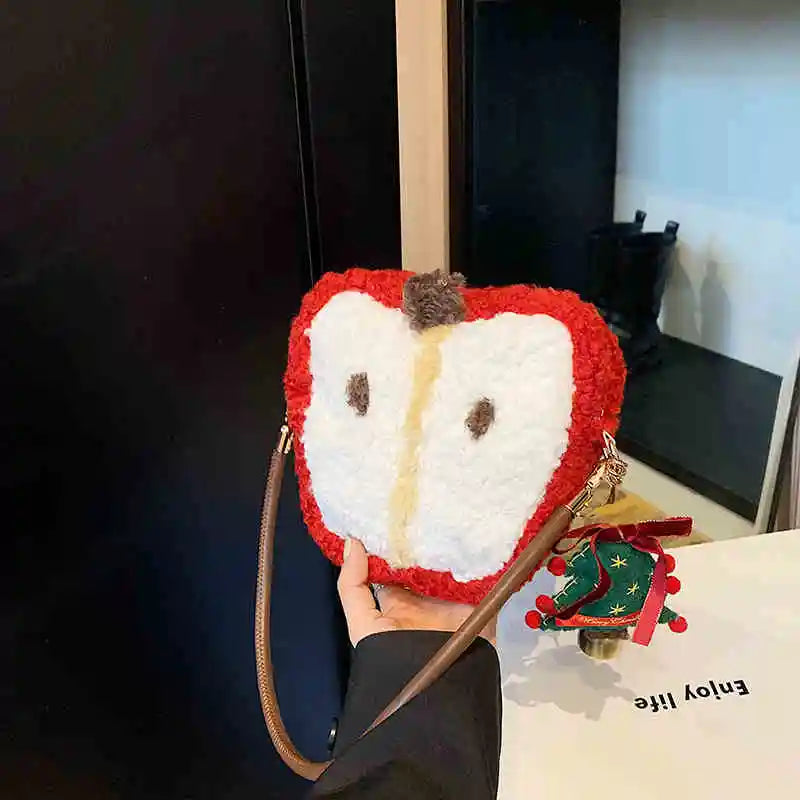 Red Apple Plush Shoulder Crossbody Bag – Furry Winter Clutch