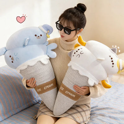 Ice Cream Cat & Seal Plush Pillow – Cool Fabric, 29-35" | 75-90 cm