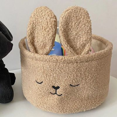 Rabbit Ears Plush Storage Basket | Cute Embroidered Toy Organizer