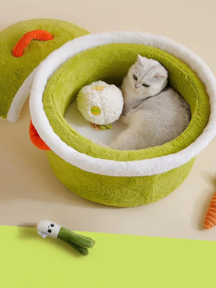 Cama para Mascotas Olla de Cocina 🍲 | Cama de felpa acogedora para gatos y perros pequeños