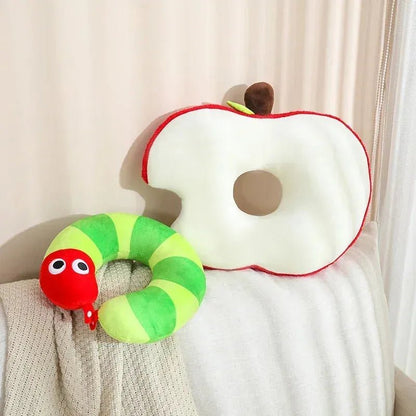 Apple & Worm Plushie Set – Unique Backrest and Neck Pillow