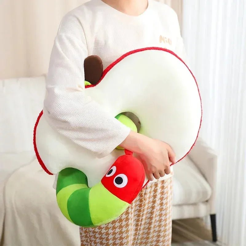 Apple & Worm Plushie Set – Unique Backrest and Neck Pillow