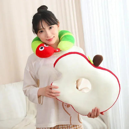 Apple & Worm Plushie Set – Unique Backrest and Neck Pillow