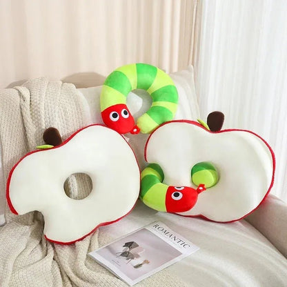 Apple & Worm Plushie Set – Unique Backrest and Neck Pillow