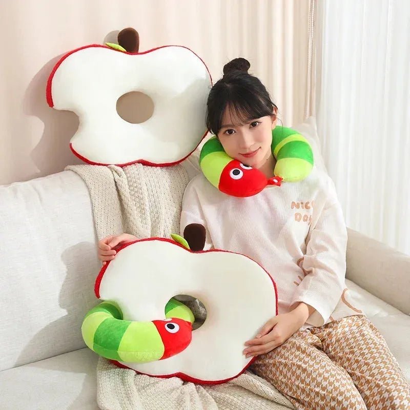 Apple & Worm Plushie Set – Unique Backrest and Neck Pillow