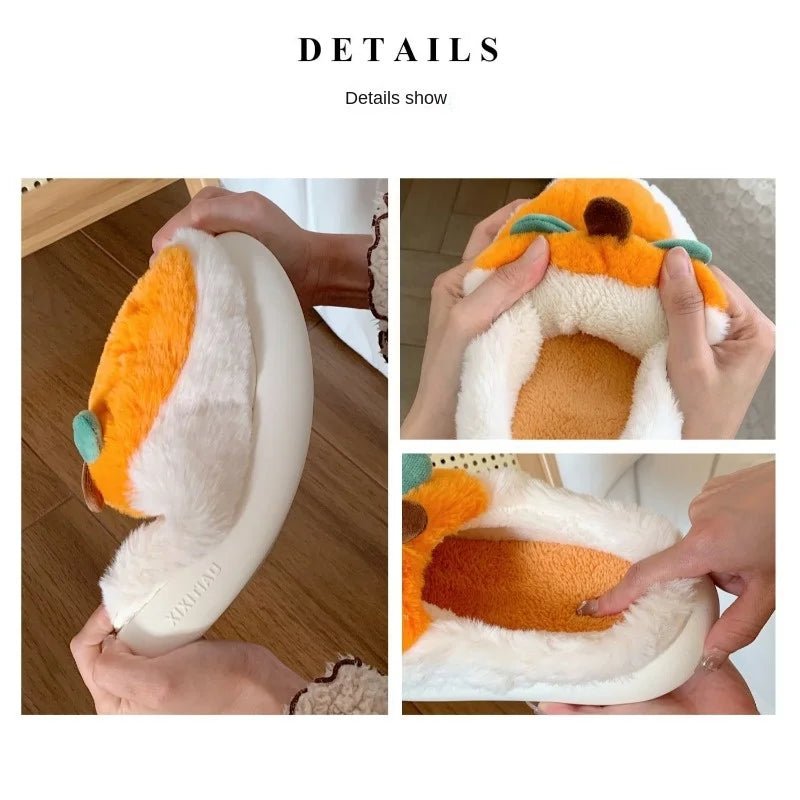 Plush Orange Fruit Slippers, US Men 4-6, Women 5.5-7.5