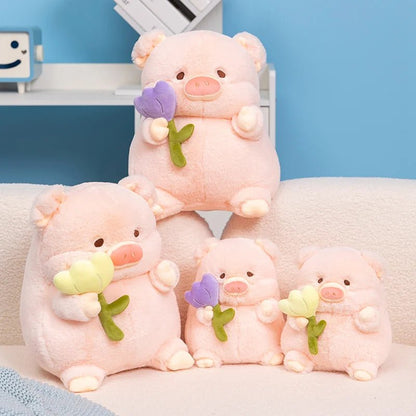 Flower-Holding Pig Plushie, Two Colors, 8-12" | 20-30 cm