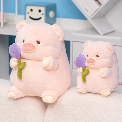 Flower-Holding Pig Plushie, Two Colors, 8-12" | 20-30 cm