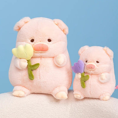 Flower-Holding Pig Plushie, Two Colors, 8-12" | 20-30 cm