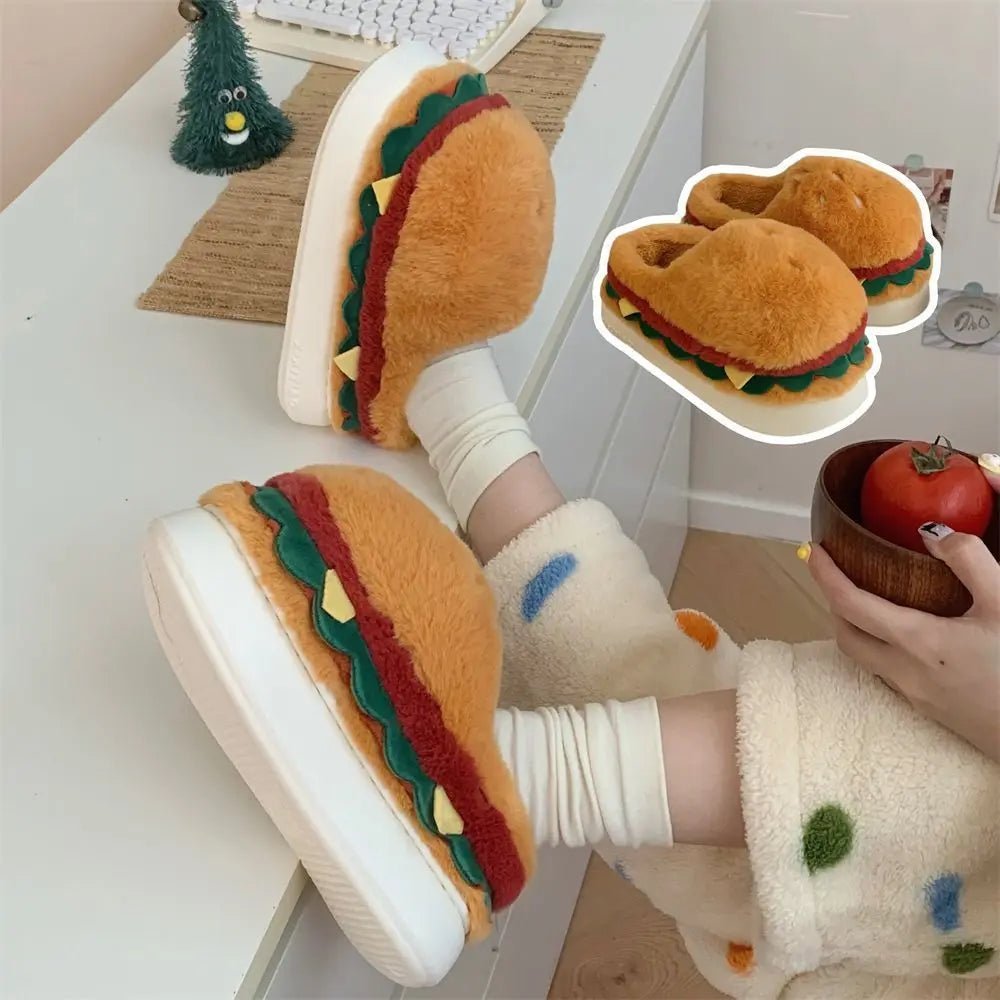 Zapatillas de hamburguesa de peluche, Talla US Hombres 4-8.5 / Mujeres 5.5-10