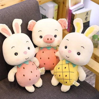 Plushie Pig & Rabbit Plushies Wearing a Strawberry or Pineapple, 9-13"| 32-40 cm