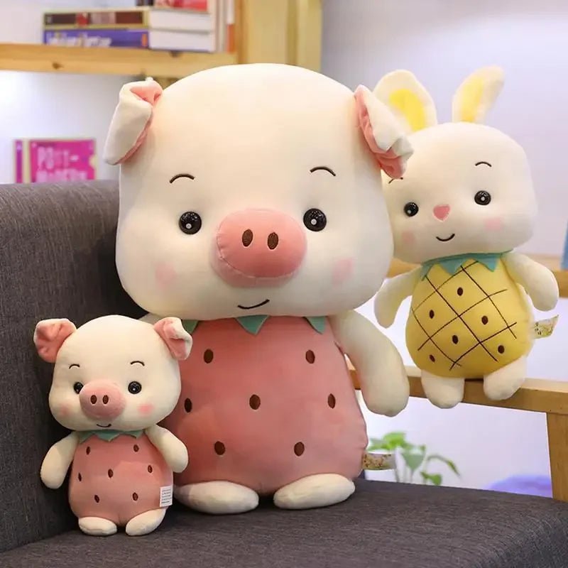 Plushie Pig & Rabbit Plushies Wearing a Strawberry or Pineapple, 9-13"| 32-40 cm