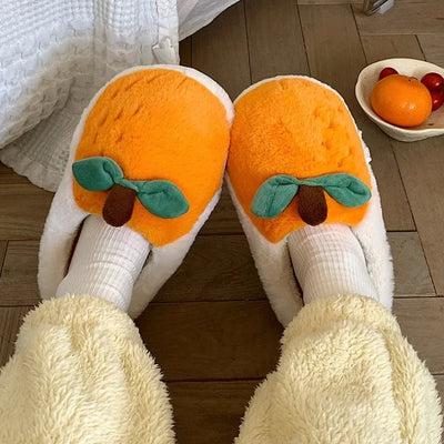 Plush Orange Fruit Slippers, US Men 4-6, Women 5.5-7.5 plush toy – – – Image 1 | Plushie Produce
