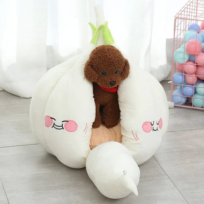 Cama para mascotas Kawaii de ajo de peluche para mascotas de hasta 16.5 lbs (7.5 kg)