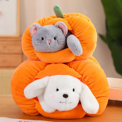 Peluche Citrouille avec Animal en Peluche Chien ou Chat à l'Intérieur