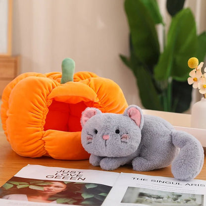 Peluche Citrouille avec Animal en Peluche Chien ou Chat à l'Intérieur