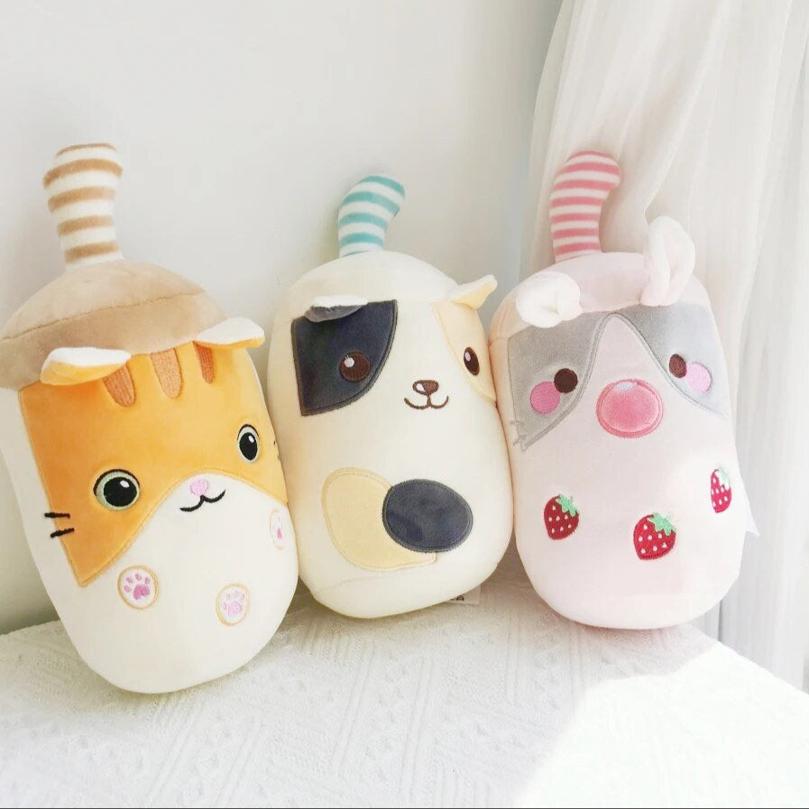 Plushie Bubble Tea in Animal Cup Plushie, Three Animals, 9" | 23 cm