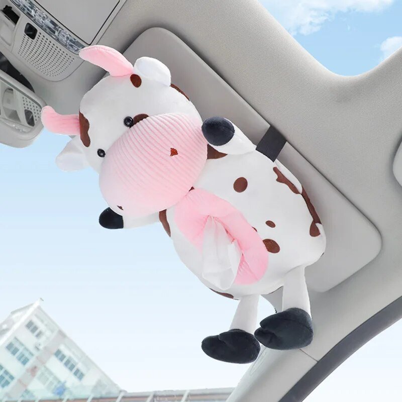 Plush Brown-Spotted Dairy Cow Car Tissue Holder, 17" | 44 cm