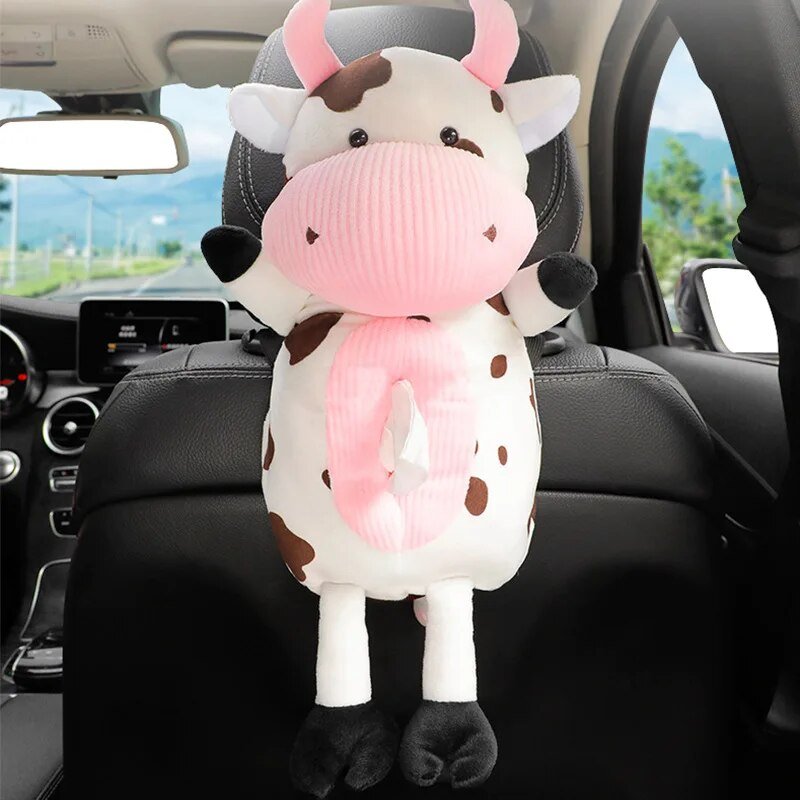 Plush Brown-Spotted Dairy Cow Car Tissue Holder, 17" | 44 cm