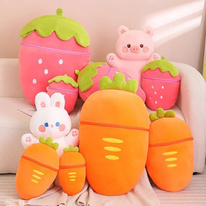 Plush Jumbo Strawberry/Carrot Hiding a Plush Pig/Rabbit, 1-2.6' | 30-80 cm Plushie Produce