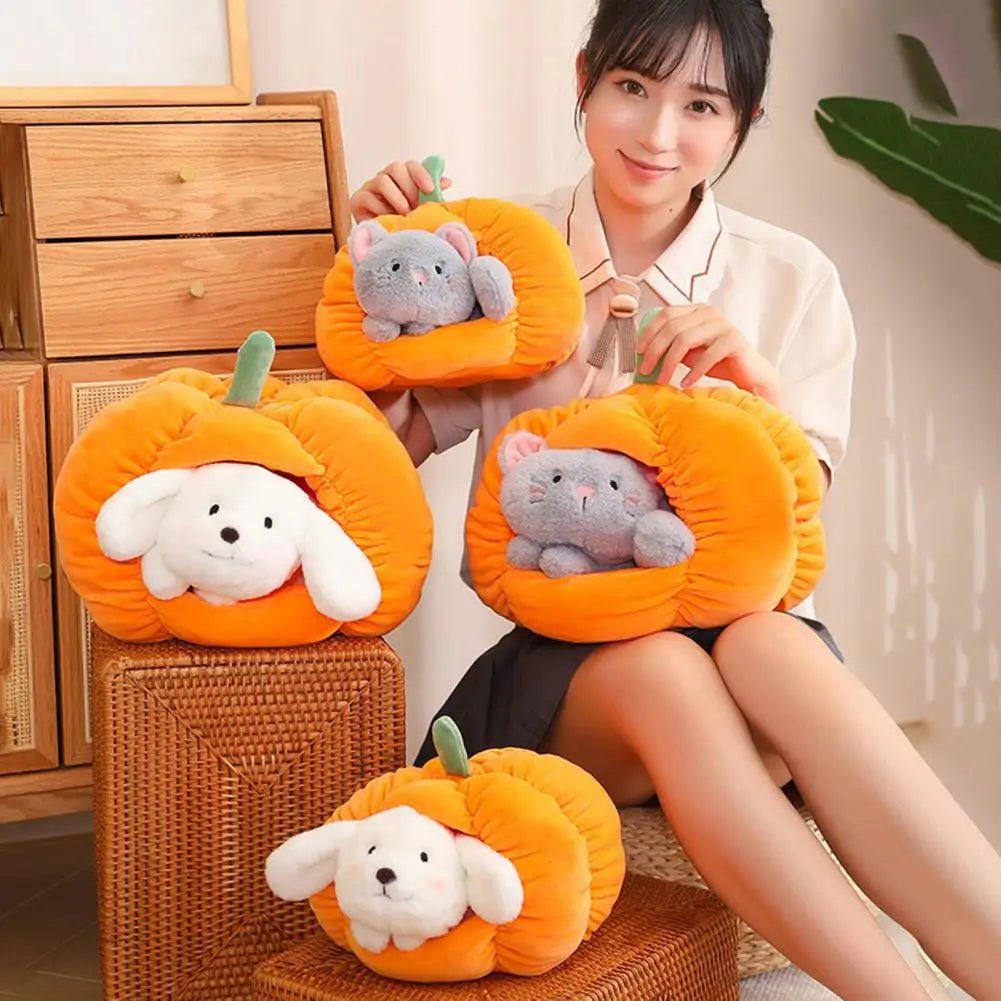 Plush Pumpkin with Removable Plush Dog or Cat, 8-12" | 20-30 cm