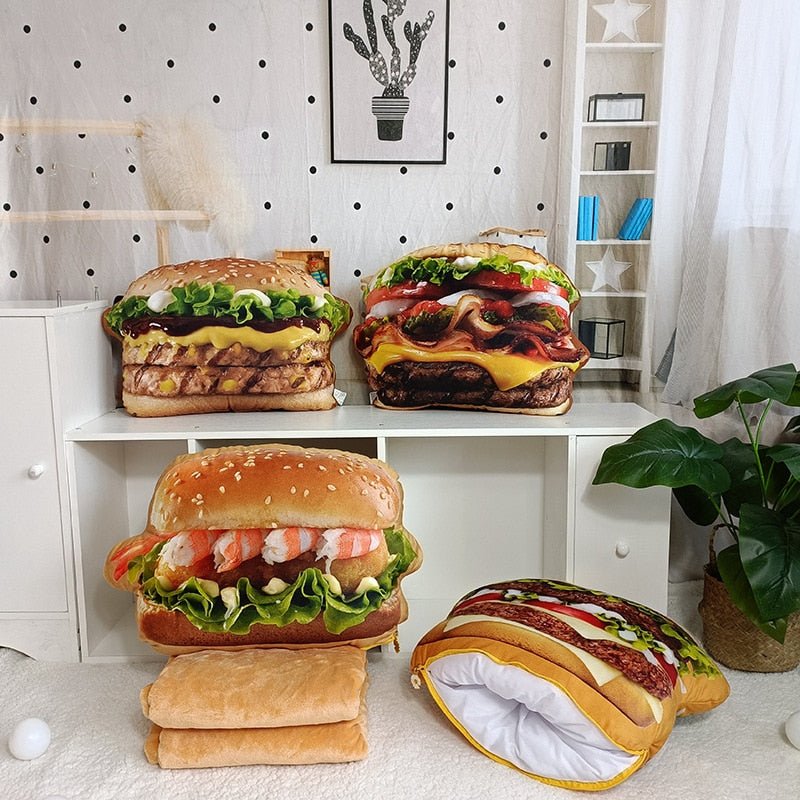 Realistic 2-in-1 Plush Hamburger Pillow with Blanket - Plush Produce