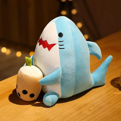 Shark en peluche buvant un thé boba, 8" | 20 cm