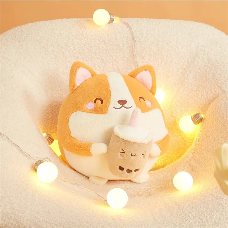 Plushie Corgi Drinking Bubble Tea, 12" | 30 cm plush toy – – Brown – Image 4 | Plushie Produce