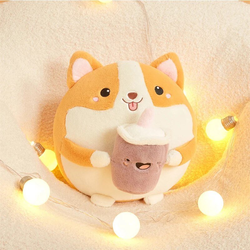 Plushie Corgi Drinking Bubble Tea, 12" | 30 cm plush toy – – Purple – Image 2 | Plushie Produce